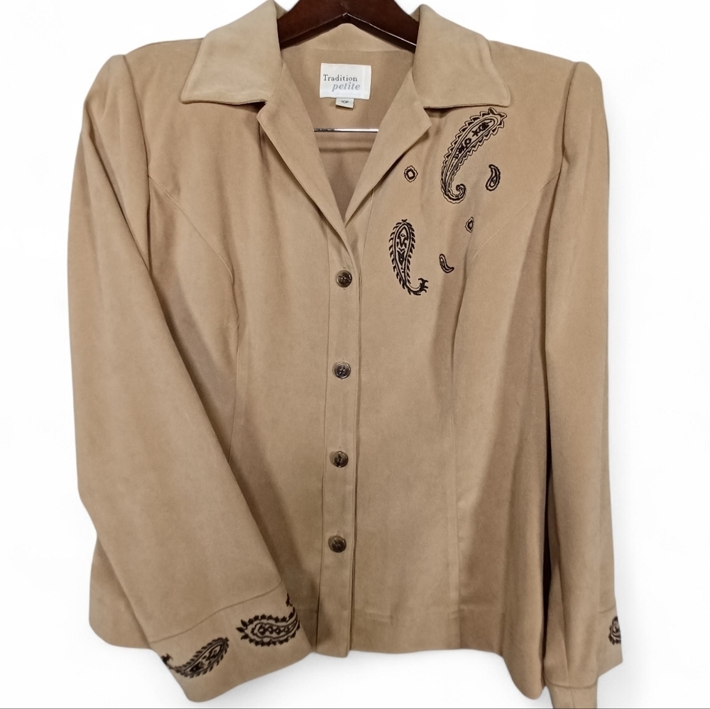 VTG Women's Tan Embroidered Paisley 10P Blazer Faux Suede Western Style Y2k‎